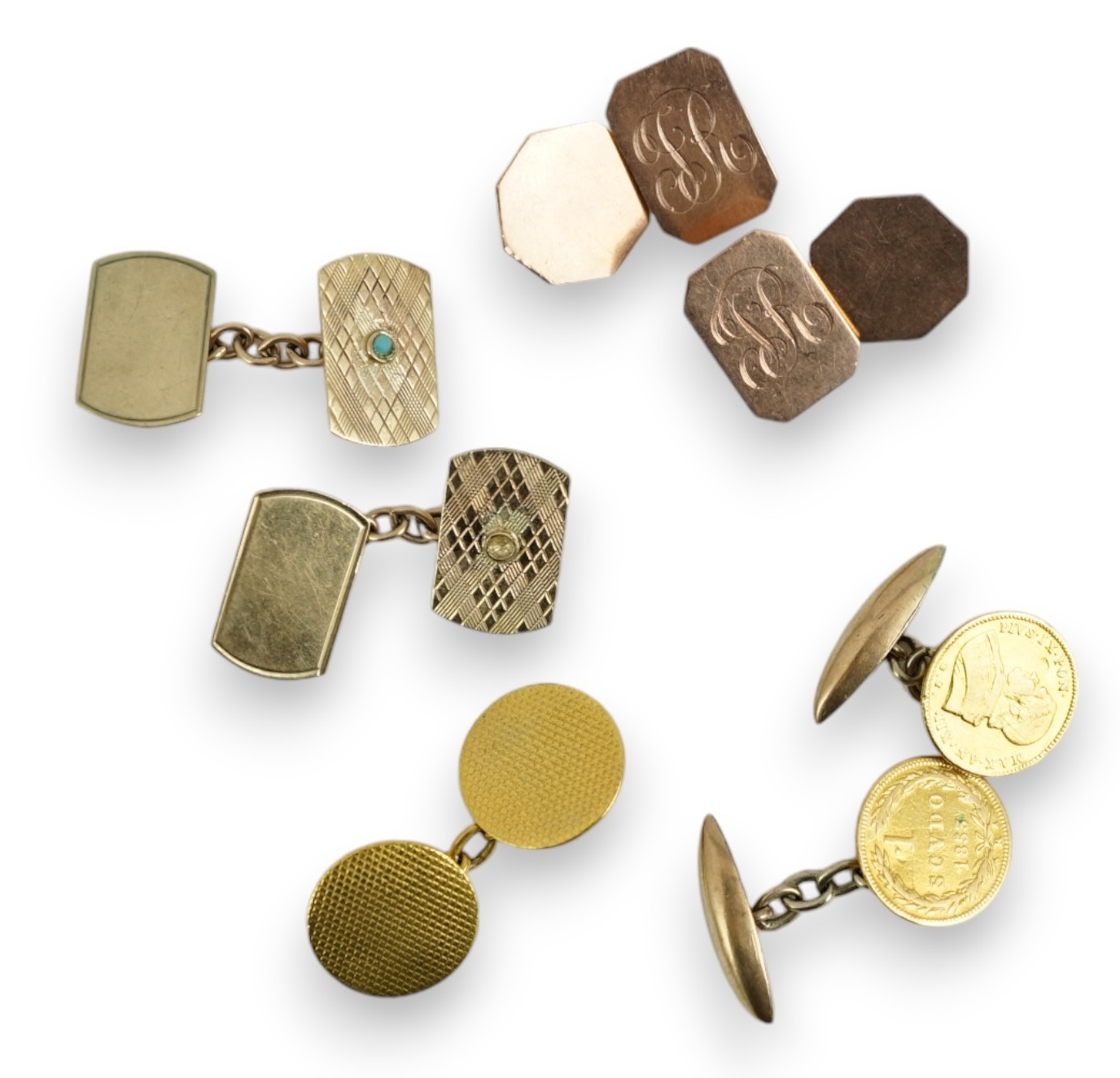 Two pairs of 9ct gold cufflinks and three single yellow metal cufflinks including coin set, gross weight 18.2 grams.